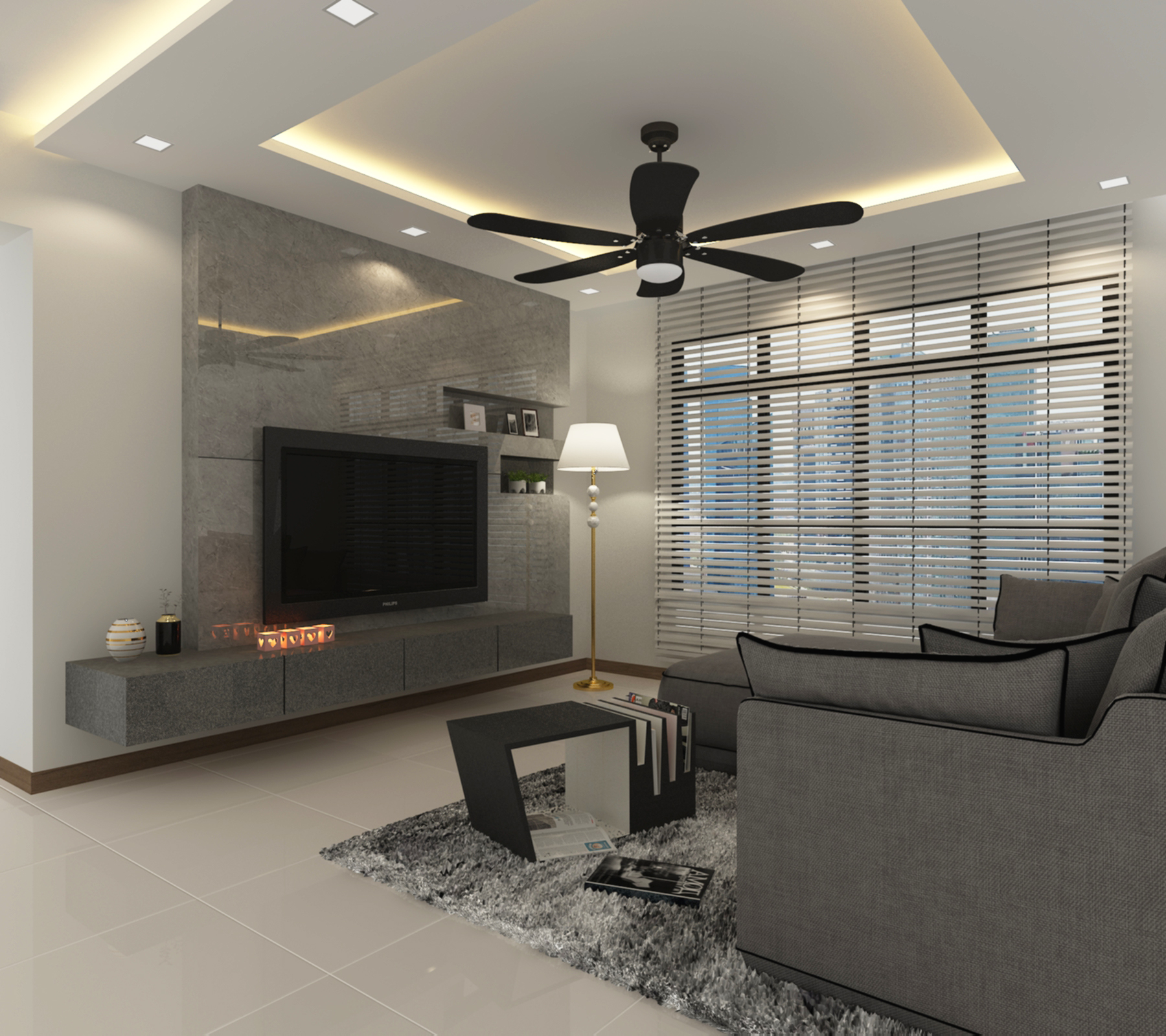 Contemporary grey living room with cement-look feature wall, false ceiling with cove lighting, and modern furnishings in Bidadari HDB